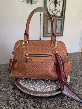 Big Buddha Tan Monogram Satchel with Gold Hardware and Scarf Accent EUC